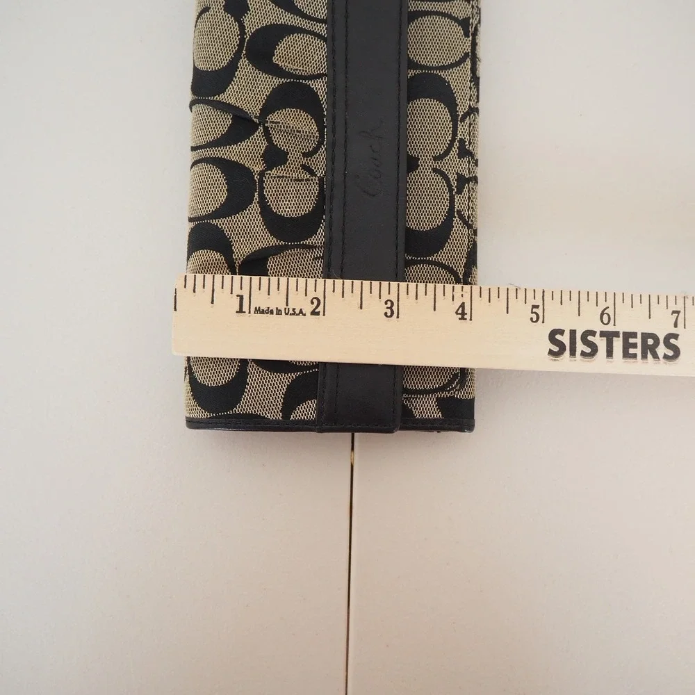 Coach Tri-Fold Wallet Women's‎ Black Signature Canvas Leather Trim Snap Closure